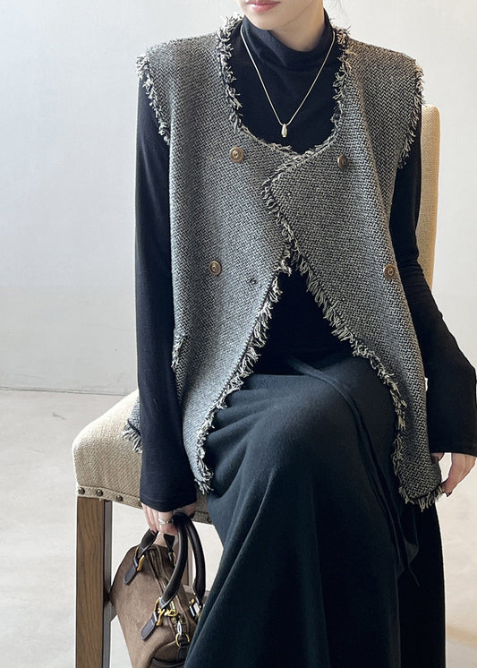 Gilet en tricot croisé à pompons gris chic sans manches AF1053 