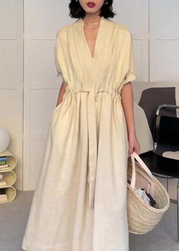 Neck Dress V Modern Beige Pockets Cotton Summer Drawstring