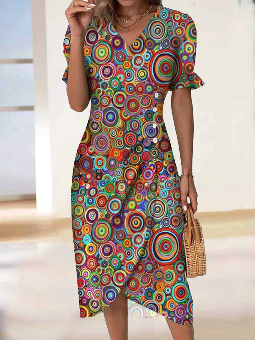 Retro V-Neck Multicolor Midi Dress cc48