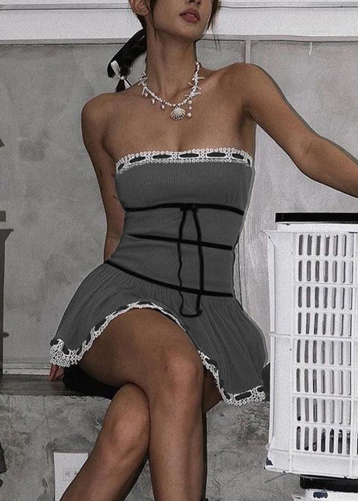 Dress Grey Fit Shoulder Mini Slim Sleeveless Bow Cold Cotton