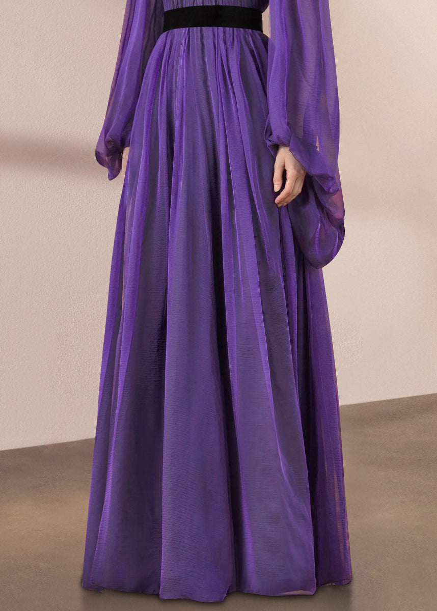 Wrinkled Purple Lantern Collar Silk Stand Italian Long Dresses
