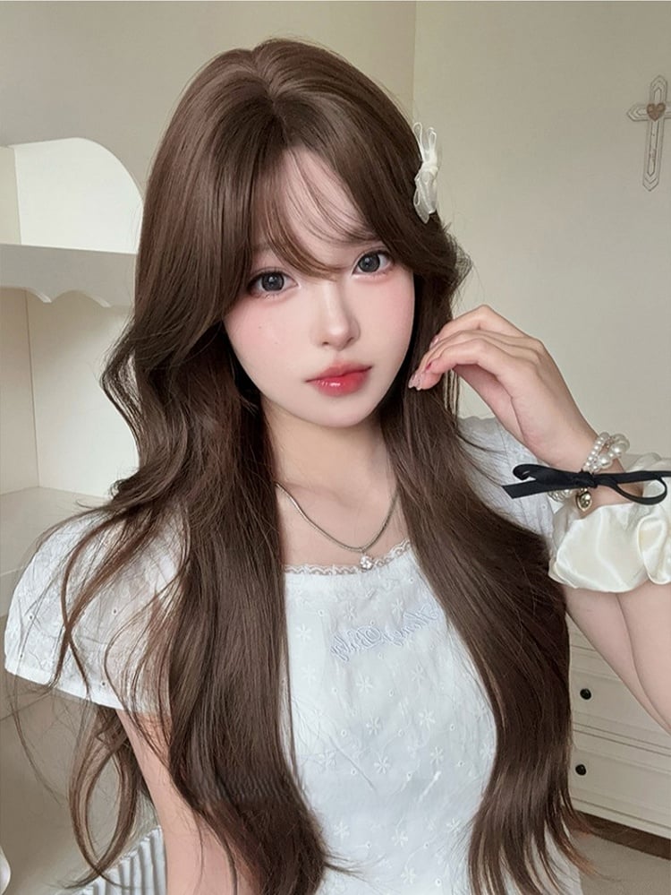Bangs 71CM Brown Length Wig Wavy With Air