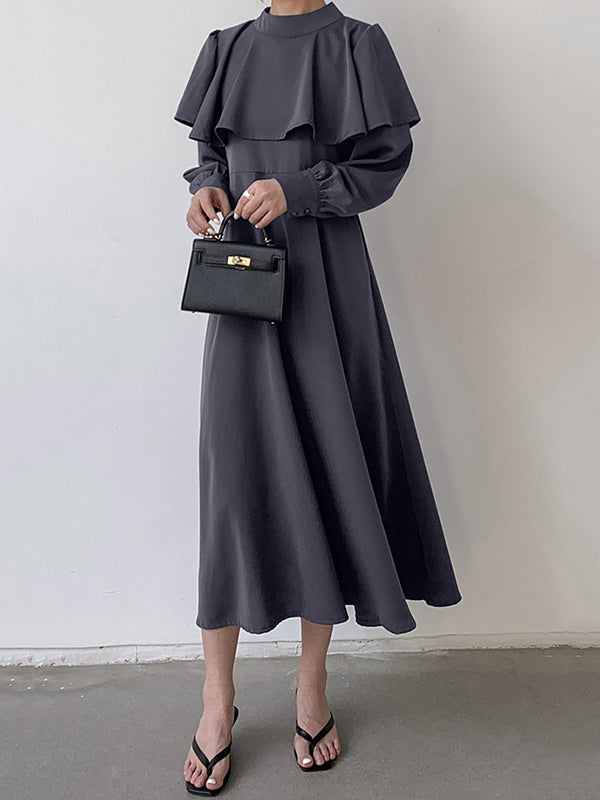 Waist Neck Ruffle A-Line Mock Elegant Tied Trim Long Coffee