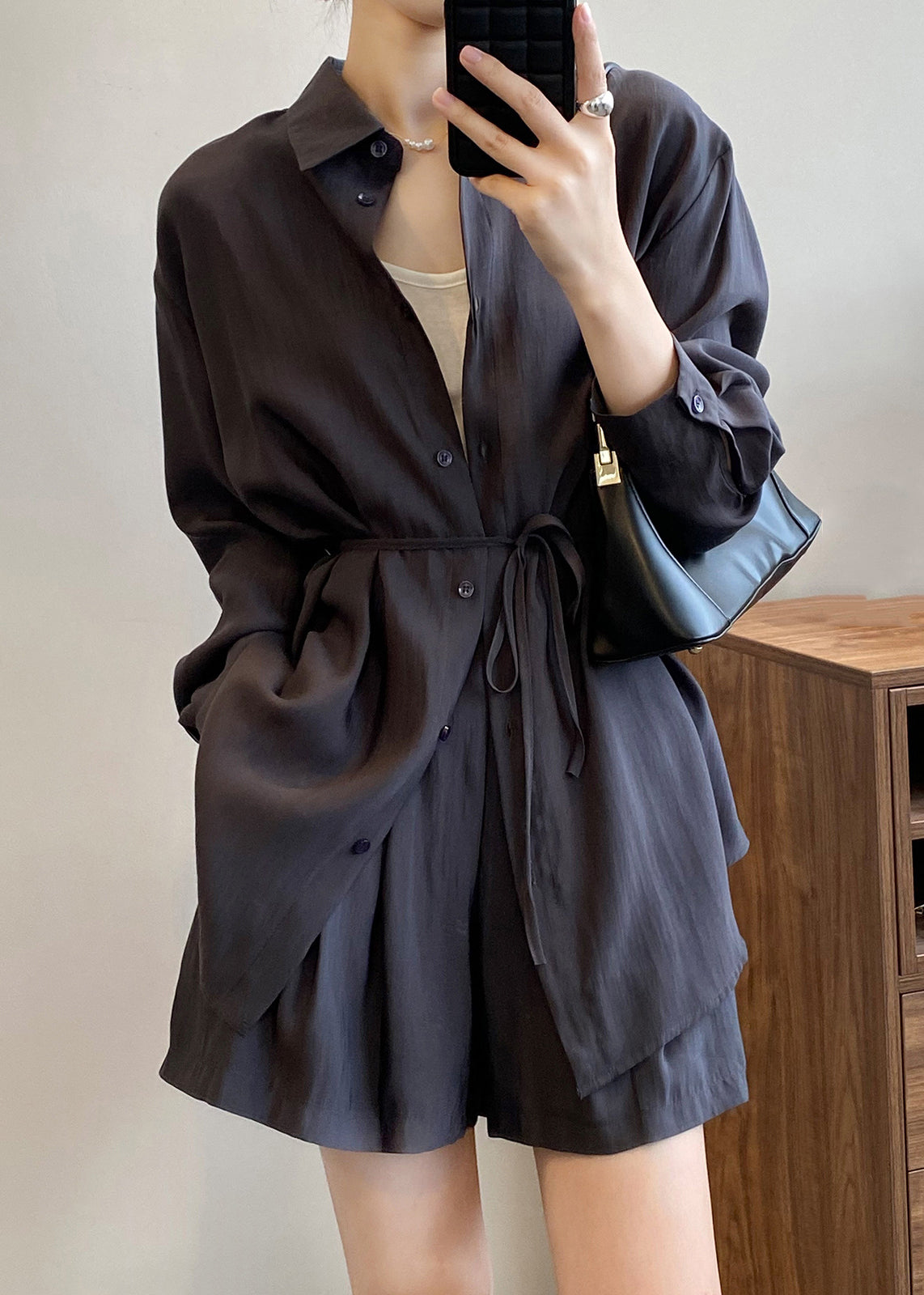 Gray Peter Solid Collar Two-Piece Pan Set Silk Spring Dark Button