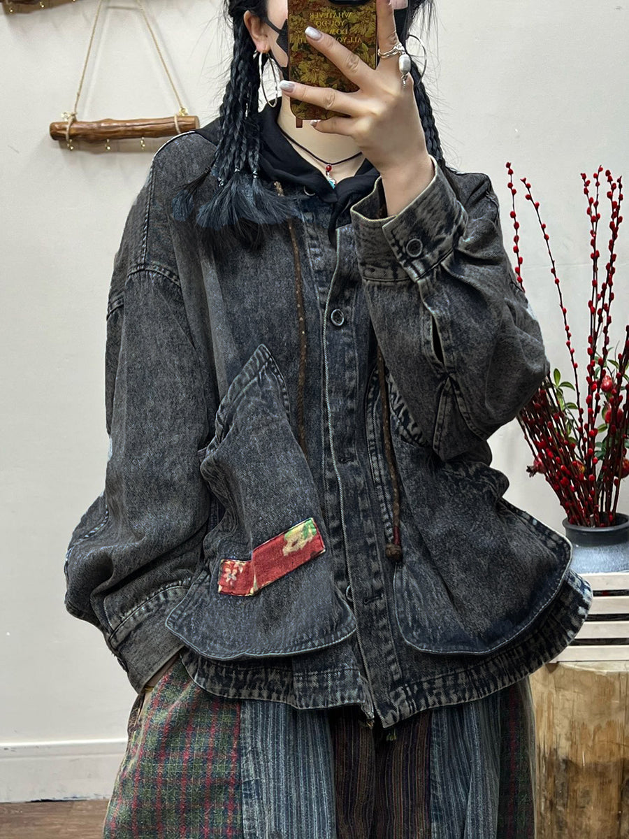 Women Spring Retro Irregular Patch Pocket Denim Coat AT1031