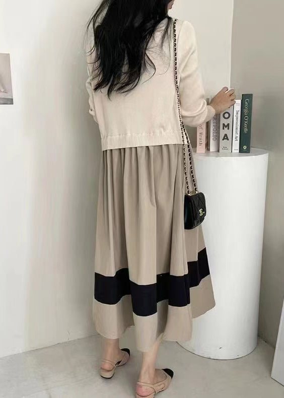 Patchwork Knit Fitted Fake Exra Piece Black Hem Two Large Dresses