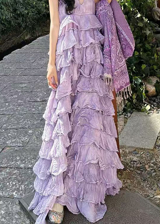 Neck Cotton Dresses Sleeveless V Maxi Sexy Purple Backless