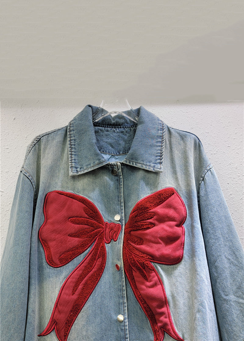 Button New Pan Denim Blue Bow Collar Coat Peter Spring