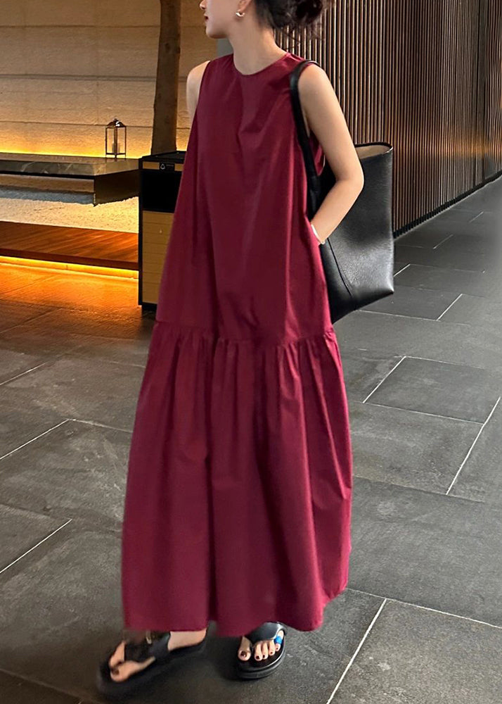 Dresses Wrinkled Solid Cotton Wine Long Pockets Simple Red