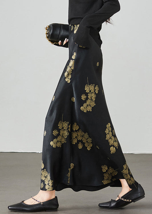 New Silk Waist Summer Skirt Black Print High