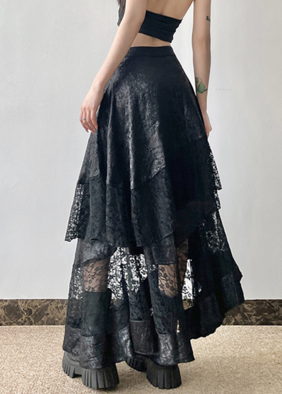 French Black Asymmetrical Lace Patchwork Skirt Summer QP029