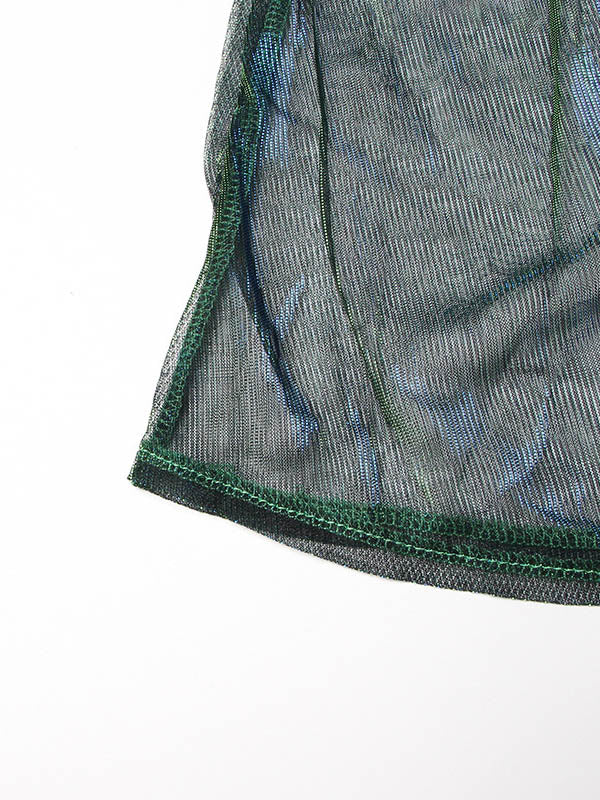 Denim A-Line Green Belted Skirt High Tulle Waisted Shiny Chic