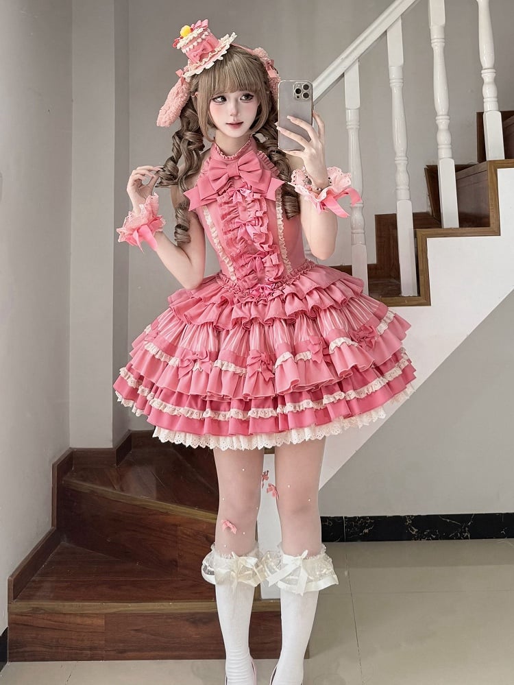 Dress Lolita Idol Accents Pink Rose Ruffle Bow Tiered Neck Sweet Halter Skirt