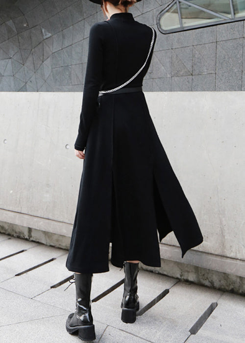 Cotton Open Long Waist Side Spring High Black Dresses