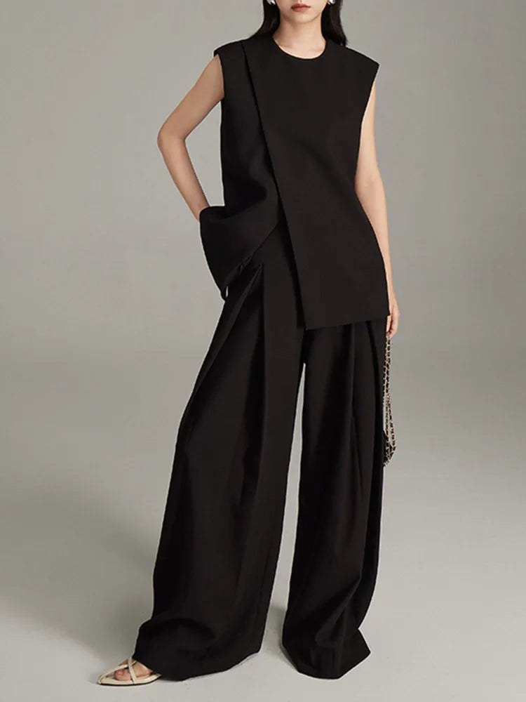 O-neck Cream Slit Sleeveless Modern Top Tunic Hem