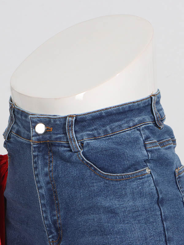 Chic Red Jeans Straight Waist High Buttoned Tied