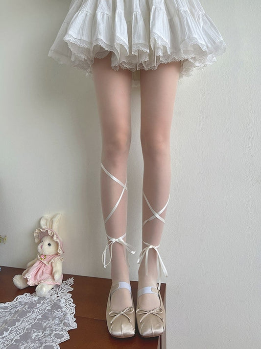 Self-tie Straps Tights White Lolita Semi-sheer
