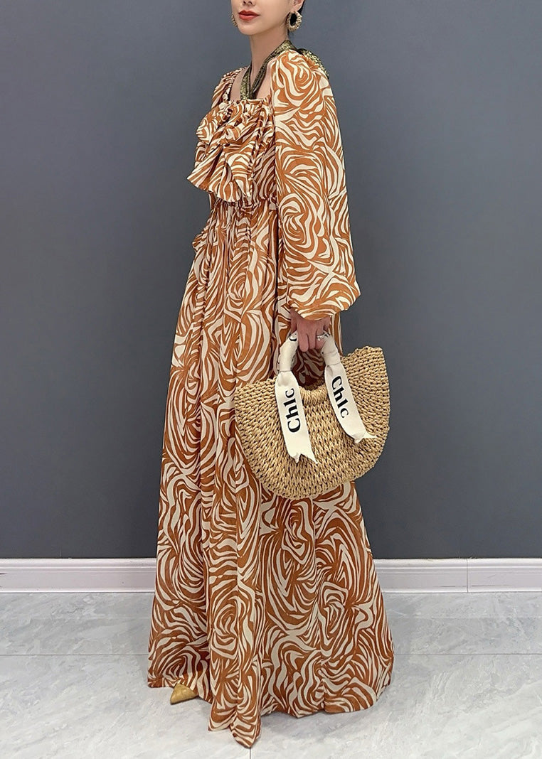 Combinaison en mousseline de soie froissée à imprimé café fantaisie à manches longues AO1045