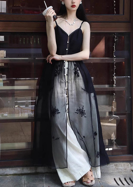 New Black Button Spaghetti Strap Dress And White Pants Silk 2 Piece Sleeveless