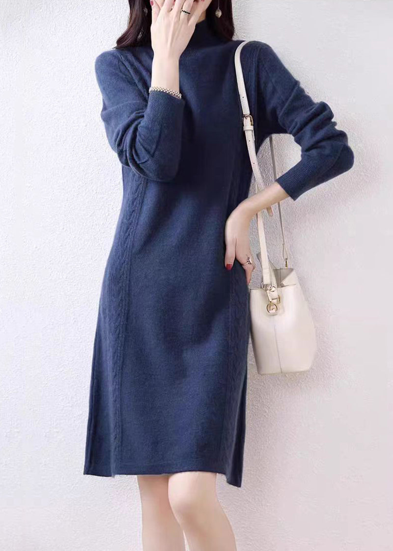 Elegant Navy Turtleneck Solid Wool Knit Sweater Dress Fall QX022