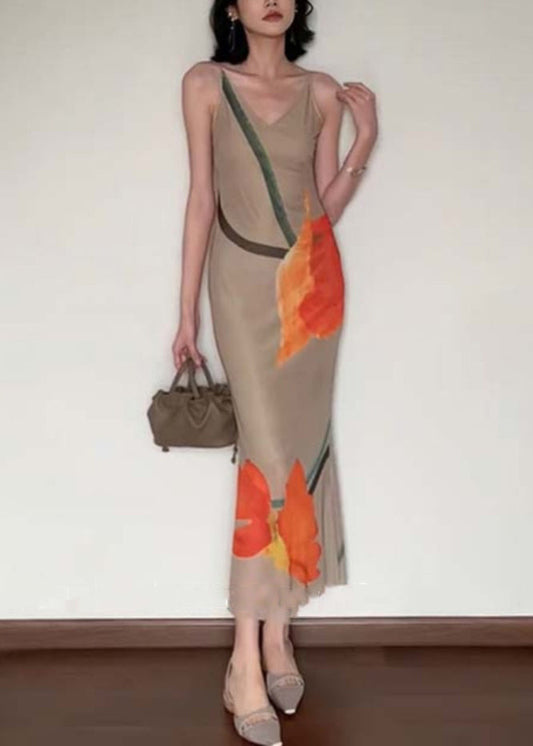 Slim Fit V Neck Print Cotton Long Dress Sleeveless EE017