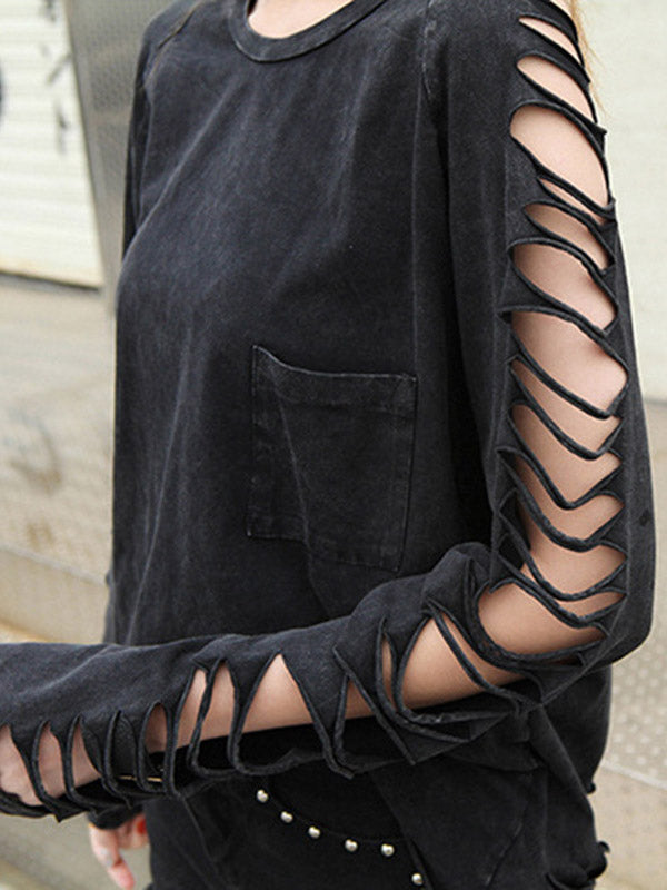 Black Sleeves Out Street T-shirt Long Loose Hollow Round-neck