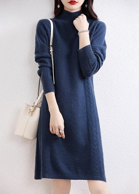 Elegant Navy Turtleneck Solid Wool Knit Sweater Dress Fall QX022