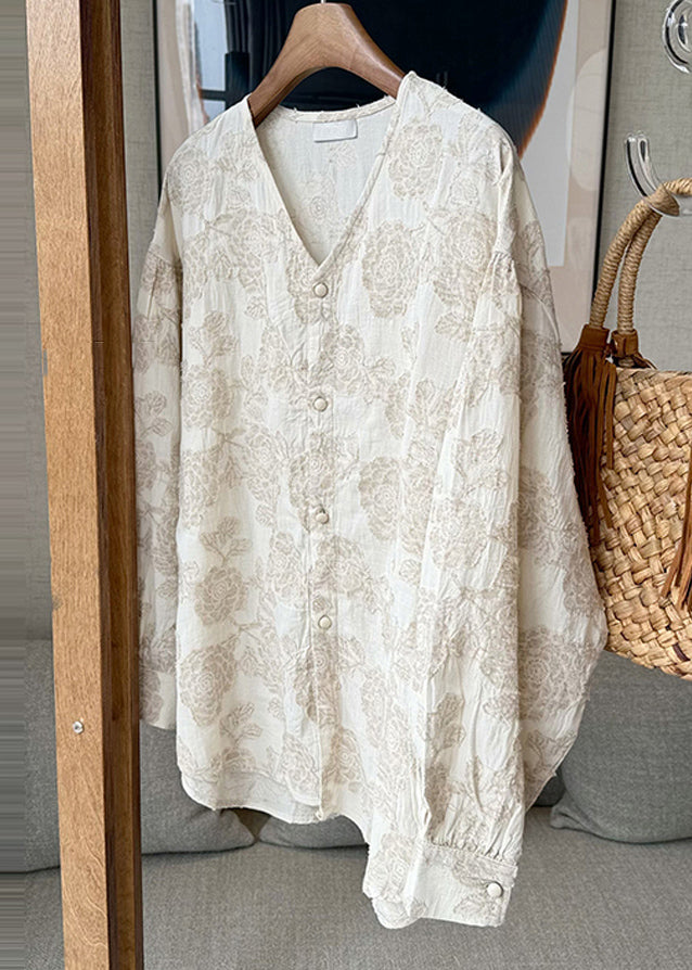 Shirts Cotton Neck V Button Spring Jacquard Casual Apricot