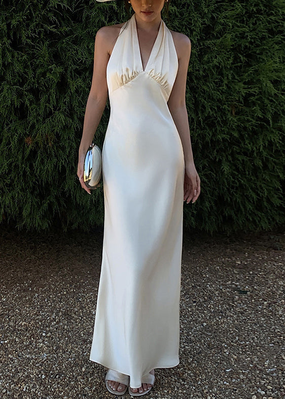 Dresses Solid Neck Long Art Backless Beige Silk Sleeveless V