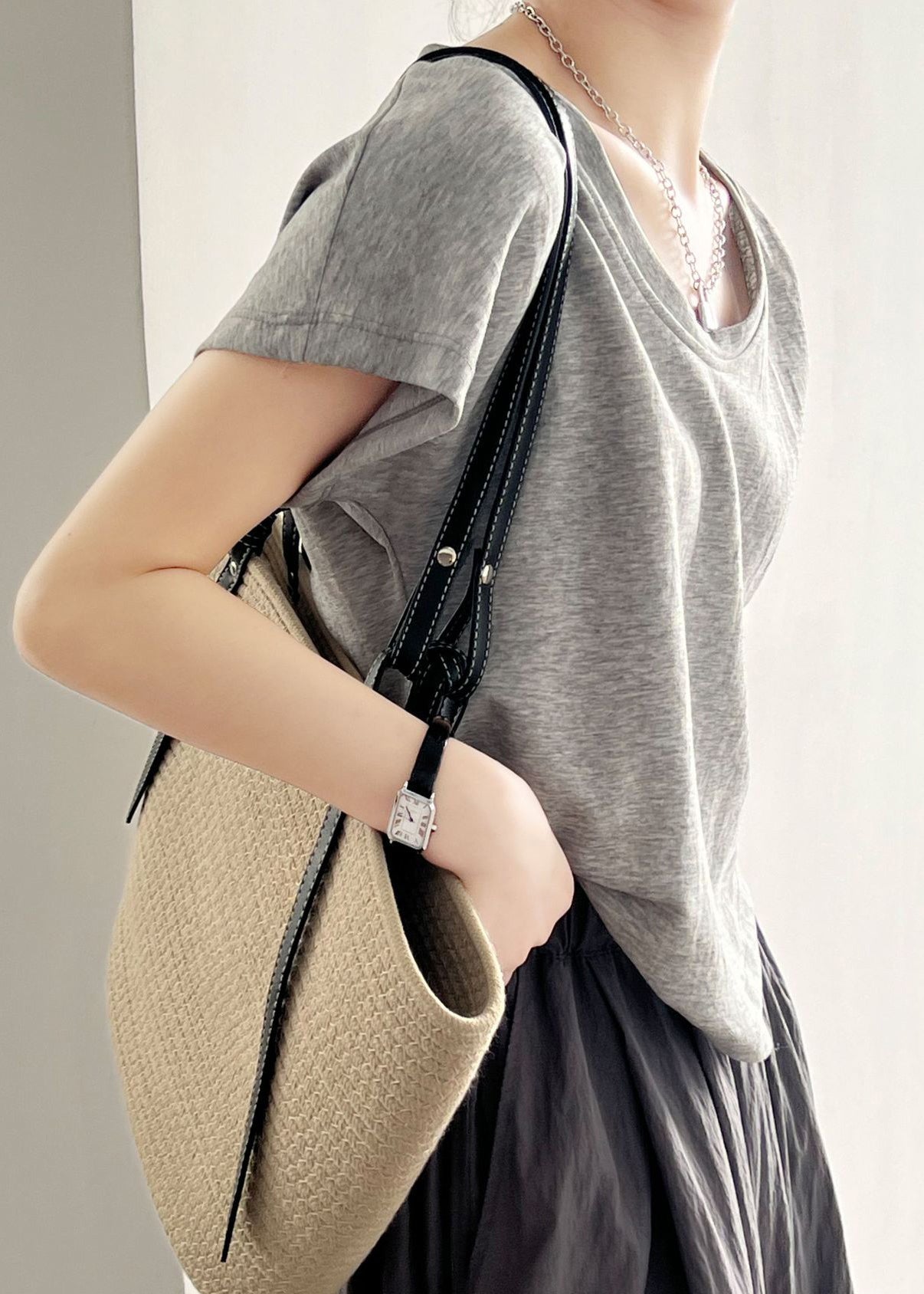 Shirt Neck Top Cotton O T Short Sleeve Grey Solid