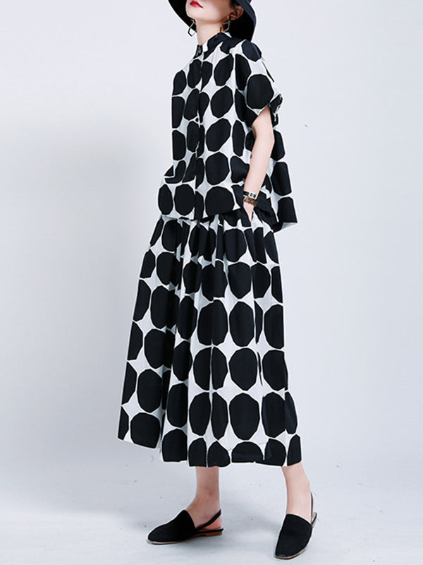 Mock Stylish Polka-Dot Shirt High Black Buttoned Neck Pockets