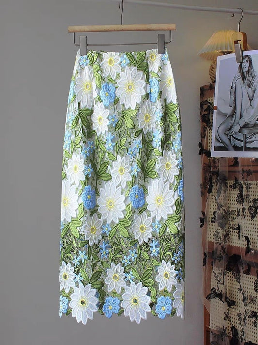 Floral Green Straight Skirt Embroidery Elegant