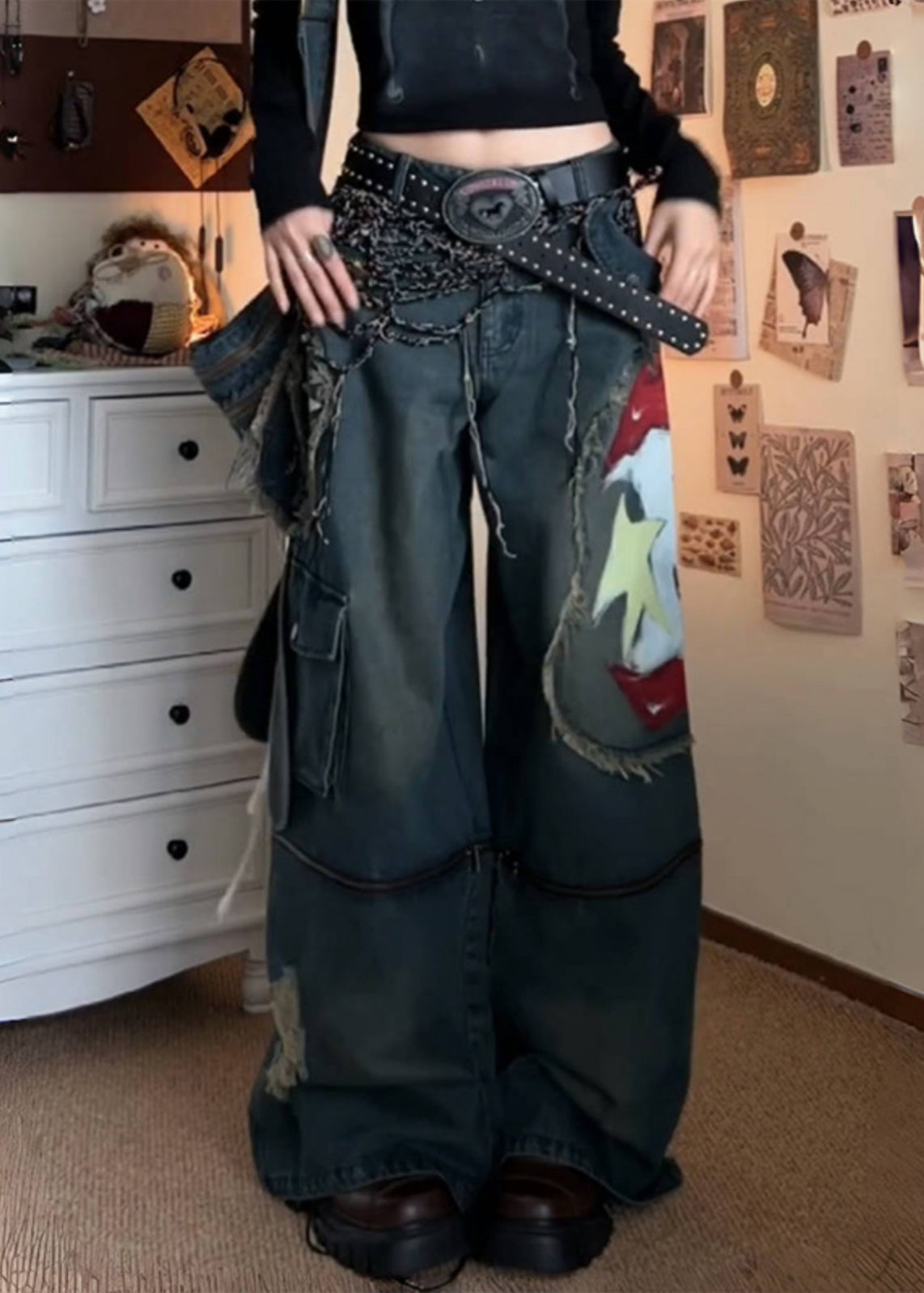 American Style Graffiti Denim Wide Leg Pants Fall WP031