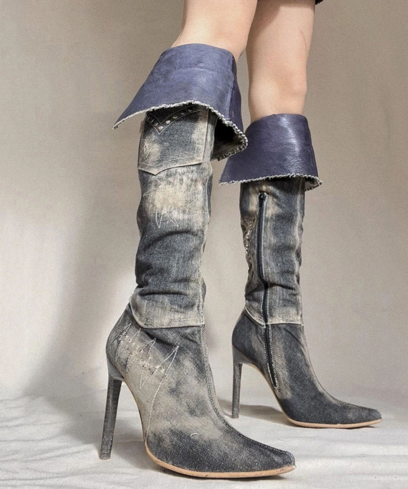 American Style Spicy Girl Pointed Denim Knee High Boots OM021