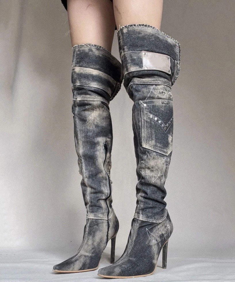 American Style Spicy Girl Pointed Denim Knee High Boots OM021