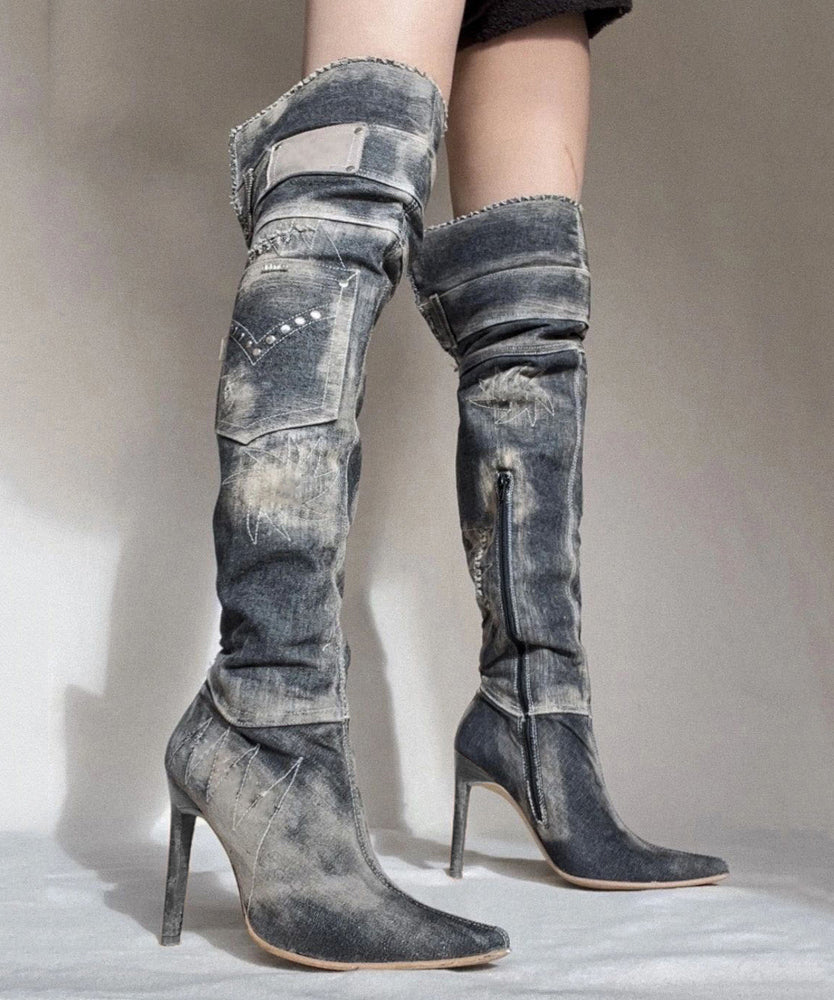 American Style Spicy Girl Pointed Denim Knee High Boots OM021