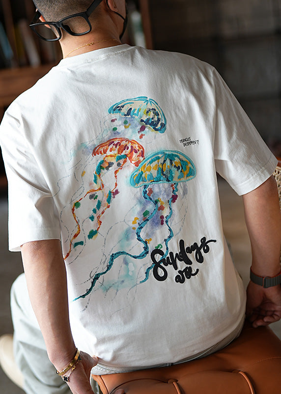 Cotton White Shirts T Men Embroideried Graphic American Style