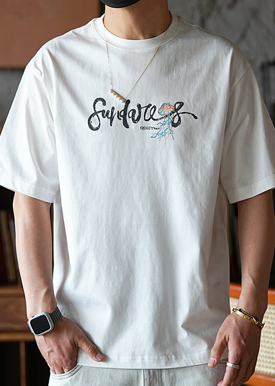 Cotton White Shirts T Men Embroideried Graphic American Style