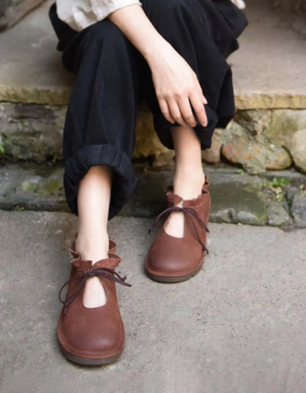 Ankle Lace-up Handmade Soft Leather Flats Ada Fashion