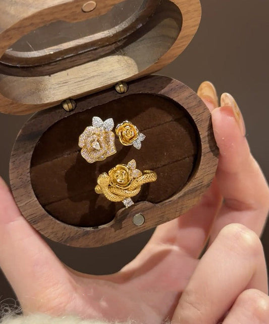Set Antique Rings Zircon Snake Floral Piece Two Gold