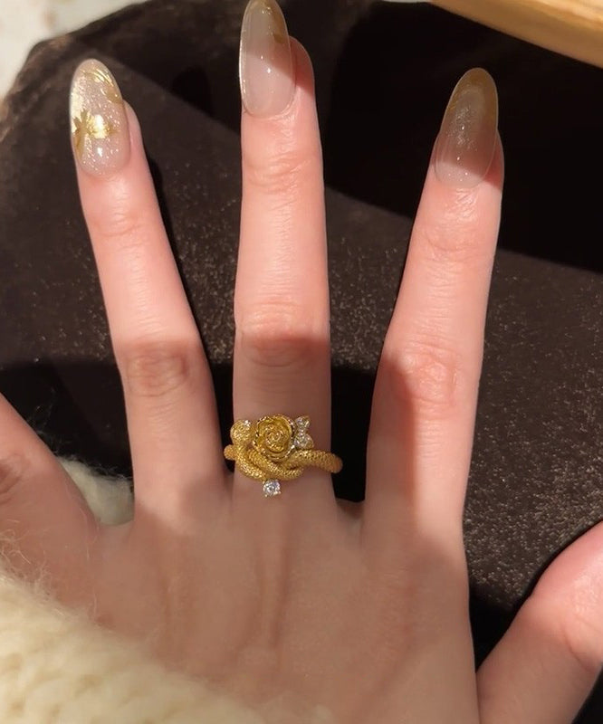 Set Antique Rings Zircon Snake Floral Piece Two Gold