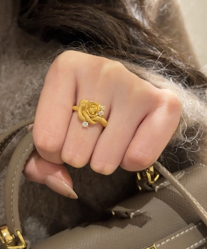 Set Antique Rings Zircon Snake Floral Piece Two Gold