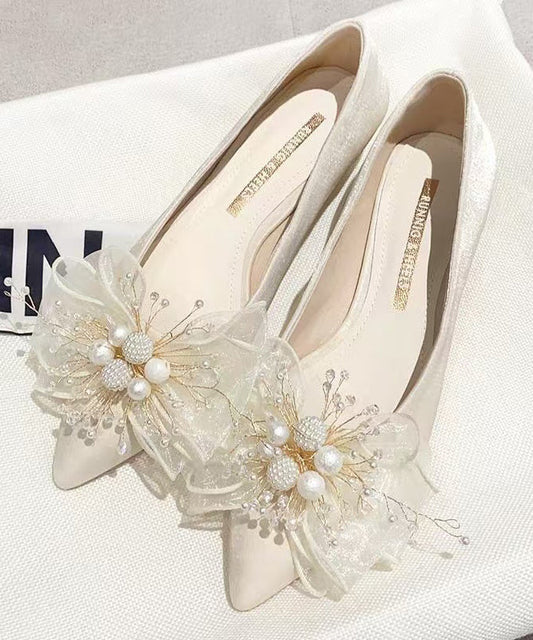 Nail Apricot Feet Toe Splicing Shoes Pointed Bow Bead Flat