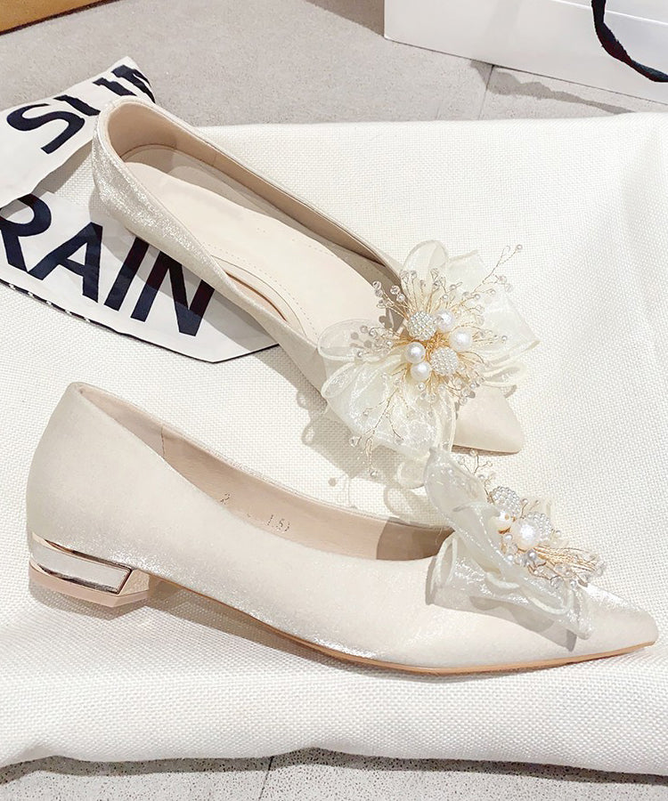 Nail Apricot Feet Toe Splicing Shoes Pointed Bow Bead Flat