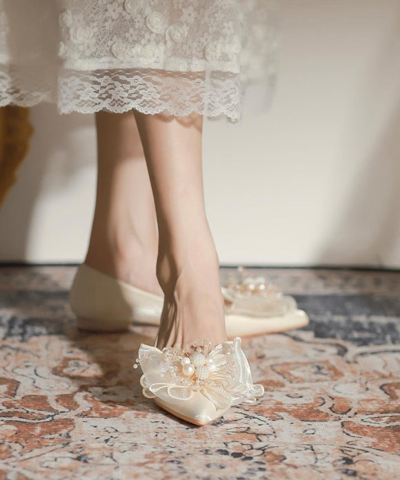 Nail Apricot Feet Toe Splicing Shoes Pointed Bow Bead Flat