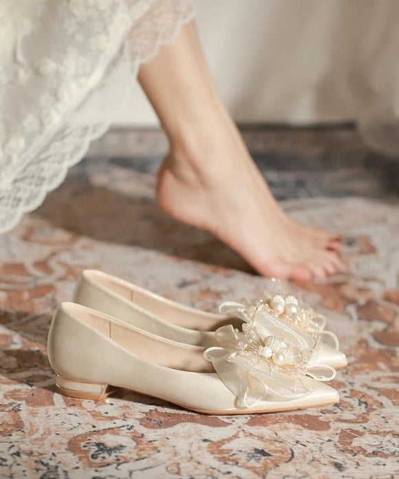 Nail Apricot Feet Toe Splicing Shoes Pointed Bow Bead Flat