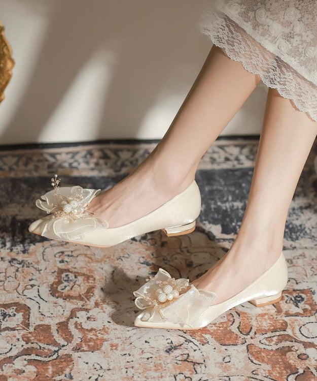 Nail Apricot Feet Toe Splicing Shoes Pointed Bow Bead Flat