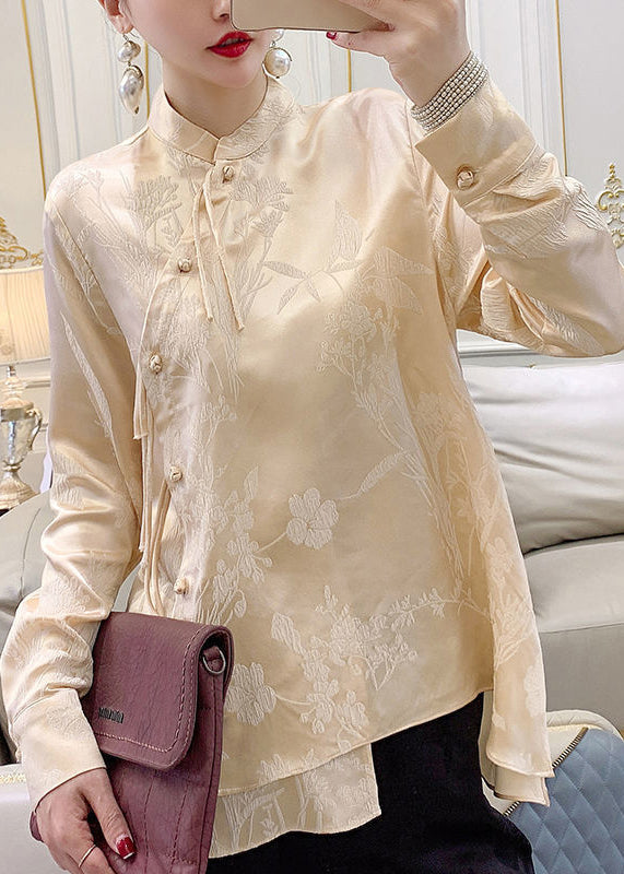 Apricot Button Silk Blouse Stand Collar Long Sleeve Ada Fashion