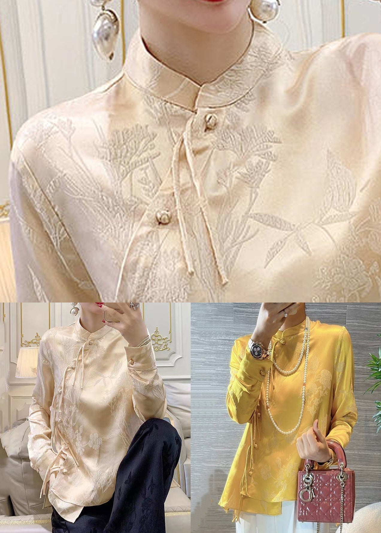 Apricot Button Silk Blouse Stand Collar Long Sleeve Ada Fashion