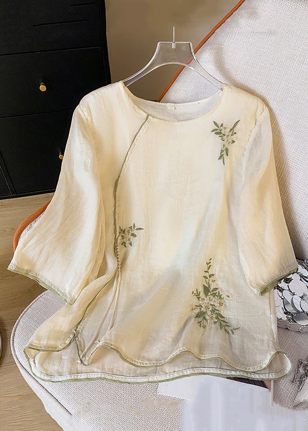 Apricot Embroidered Cotton Button Shirt Tasseled Spring